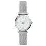 Fossil Carlie Mini ES4432 kello, jossa on Helmikellotaulu kellotaulu ja halkaisijaltaan 28 mm kotelo ja Mesh ranneke hihna, jonka väri on Hopea
