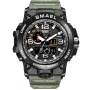 SMAEL Military KXD0600 kello, jossa on Musta kellotaulu ja halkaisijaltaan 51 mm kotelo ja Kumiremmi hihna, jonka väri on Vihreä