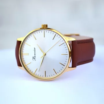 Bonvier Classic 40810 -kello Miesten, jossa on Valkoinen kellotaulu halkaisija 40 mm ja Ruskea Nahkaranneke ranneke