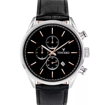 Vincero X000LGMBL7 -kello Miesten, jossa on Musta kellotaulu halkaisija 43 mm ja Musta Nahkaranneke ranneke