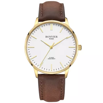 Bonvier Classic 40810 -kello Miesten, jossa on Valkoinen kellotaulu halkaisija 40 mm ja Ruskea Nahkaranneke ranneke