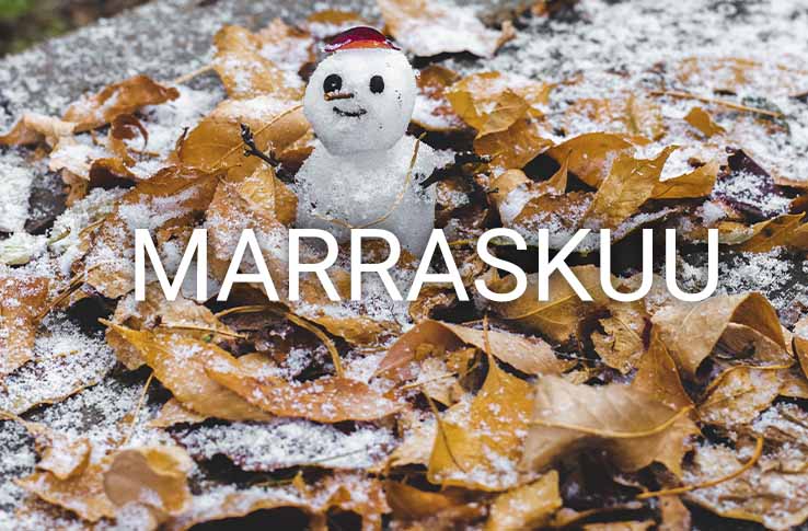 Lumiukko lehtien v&auml;liss&auml; tekstill&auml; marraskuu