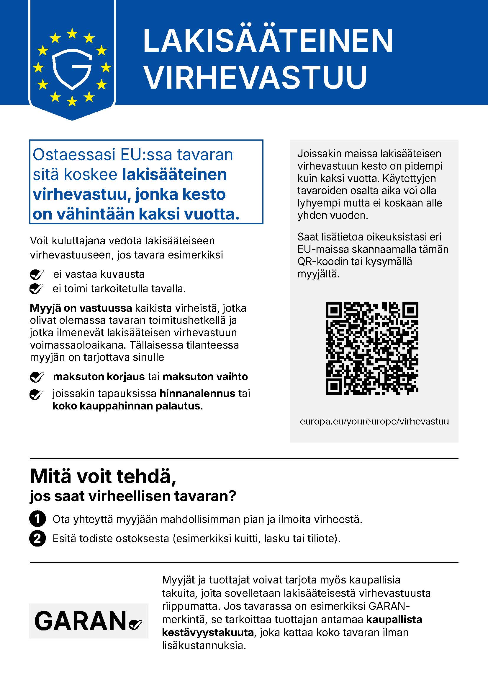 EU:n ilmoitus lakisääteisestä virhevastuusta: vähintään kaksi vuotta EU:ssa myytäville tavaroille